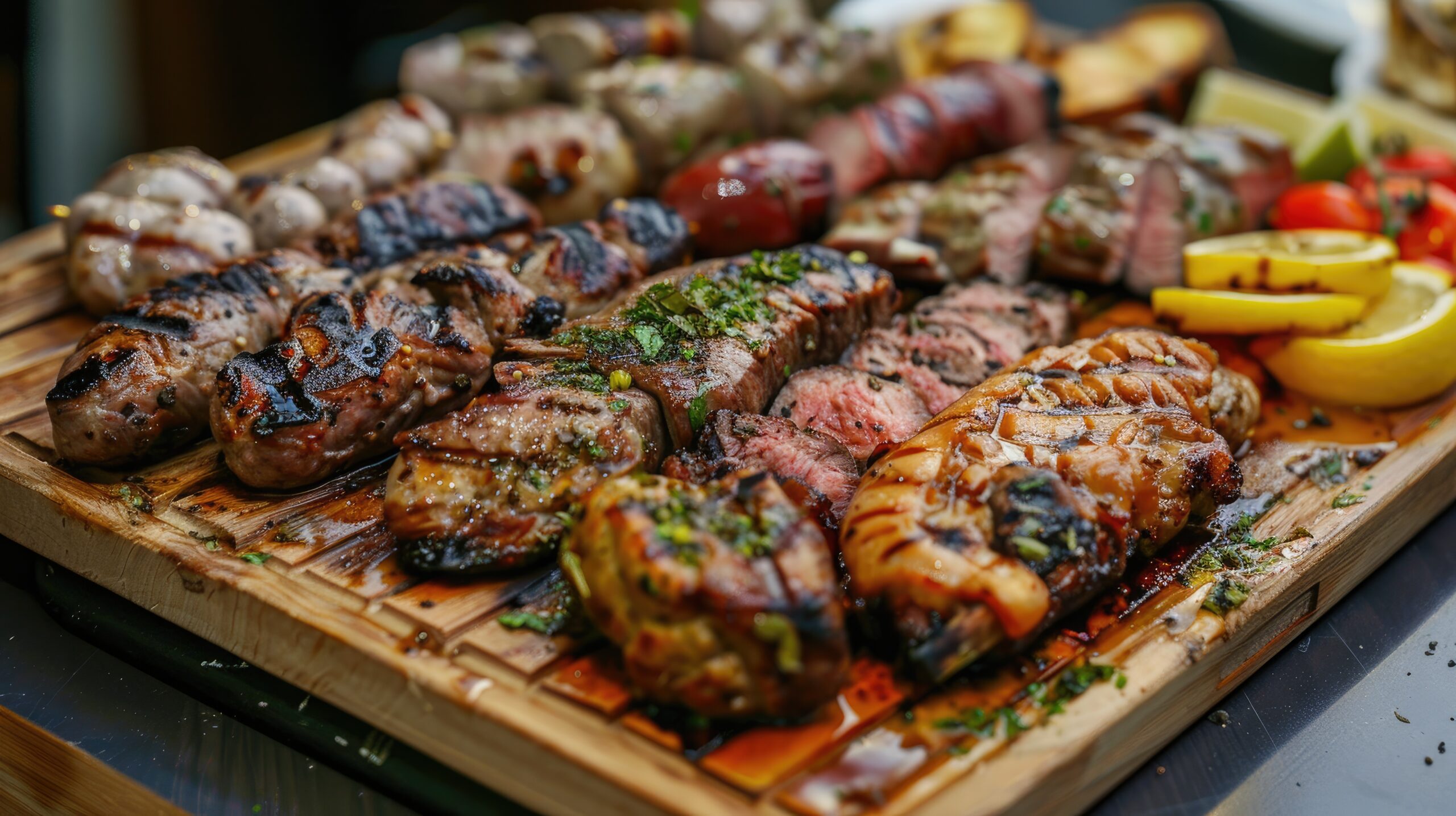 Grilled assorted meats and veggies on wooden platter