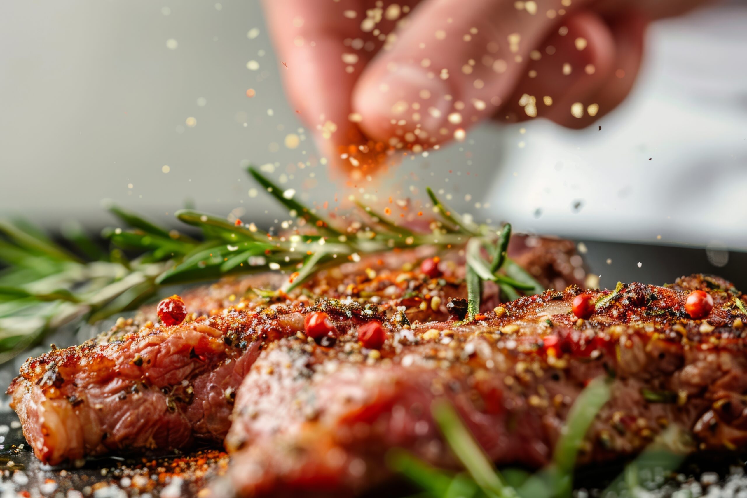 Close-up of chef seasoning Georgian meat dish, isolated on white background