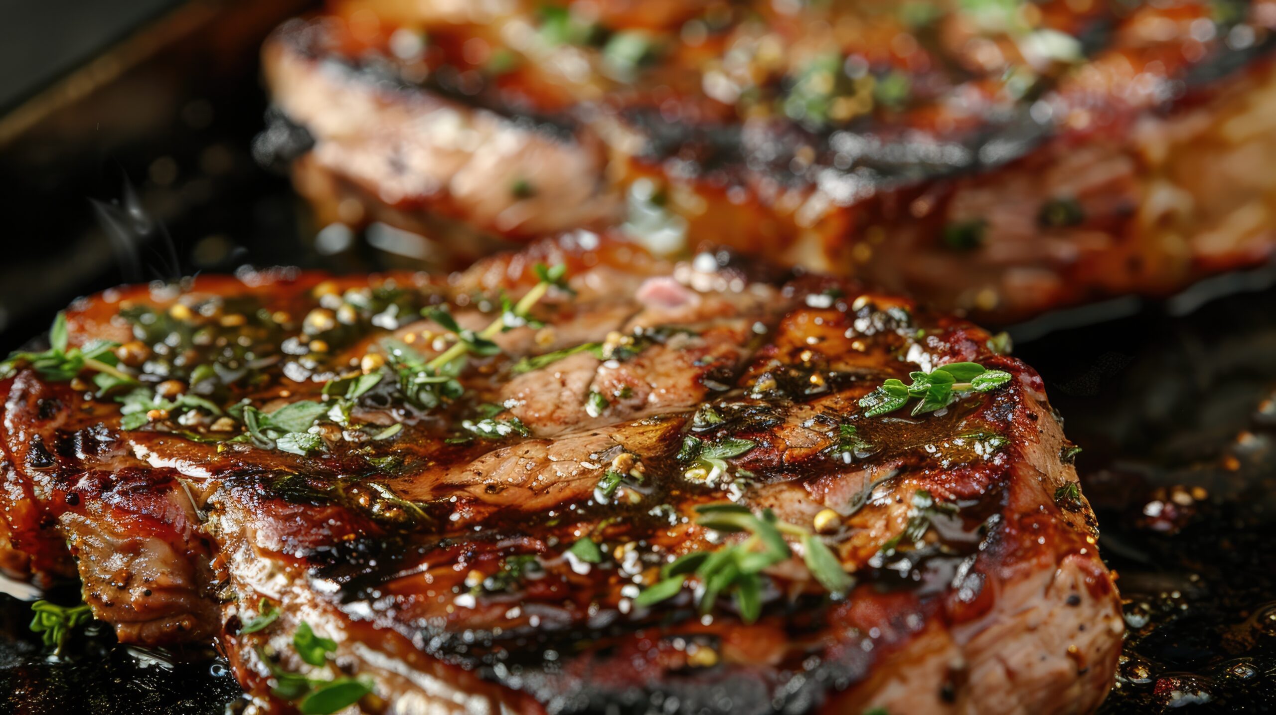 Discuss the importance of marinating and seasoning pork steaks to enhance their flavor. --ar 16:9 Job ID: 82f4df51-f87e-425d-9011-13244c03e21a