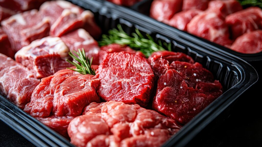 A detailed close-up of various raw meat cuts including beef and pork, arranged in black plastic trays, garnished with sprigs of rosemary for a fresh look.